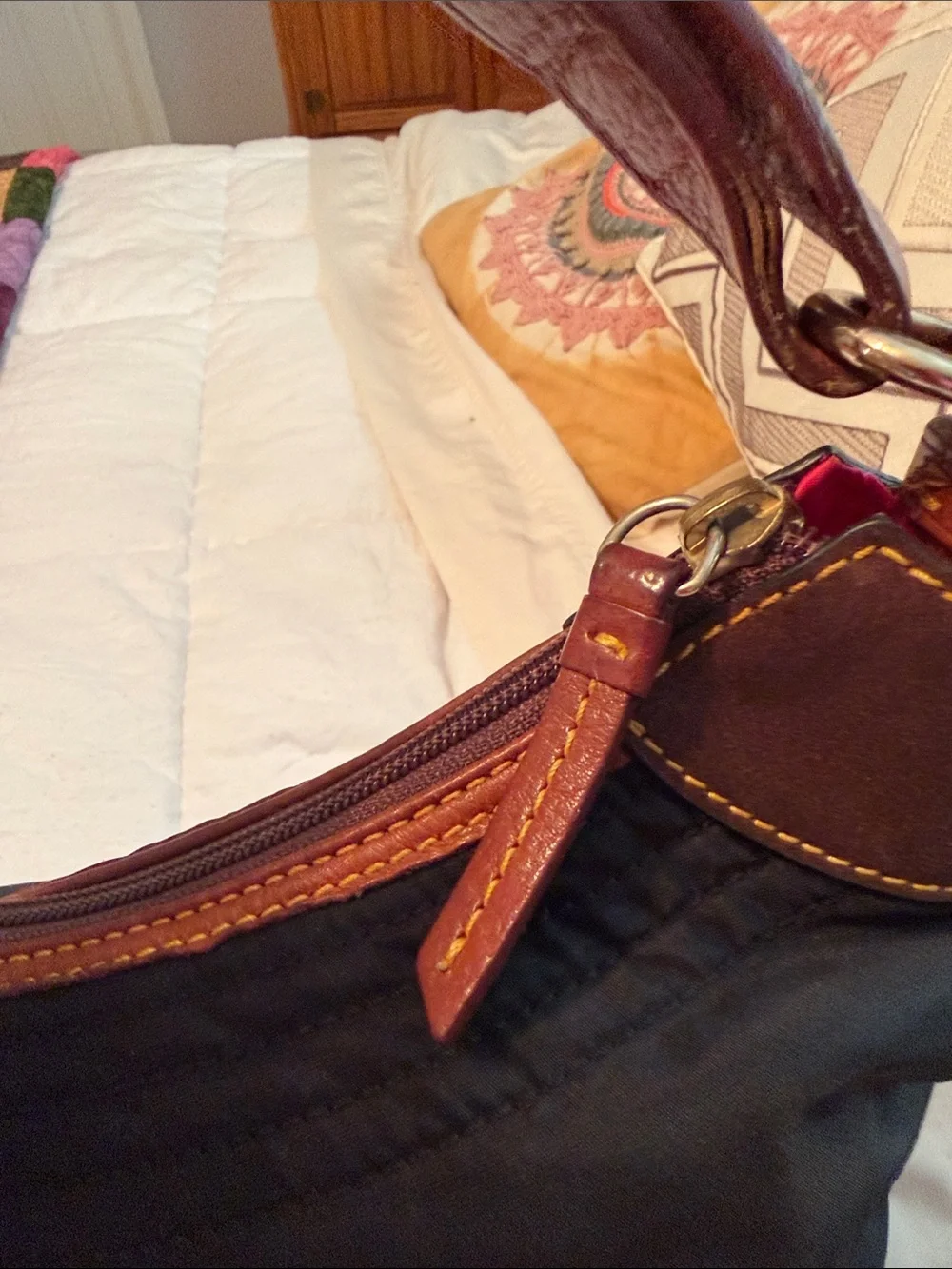 Dooney & Bourke large Erika black nylon quilted shoulder bag with tan leather